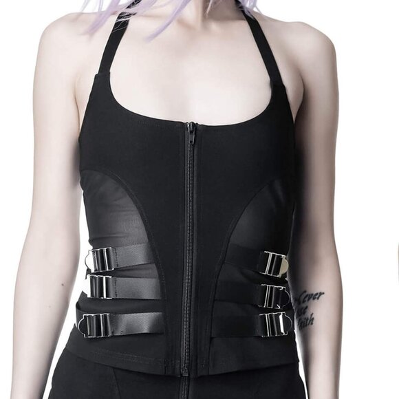 Killstar Strobe Halter Top Black Buckles - Picture 1 of 5